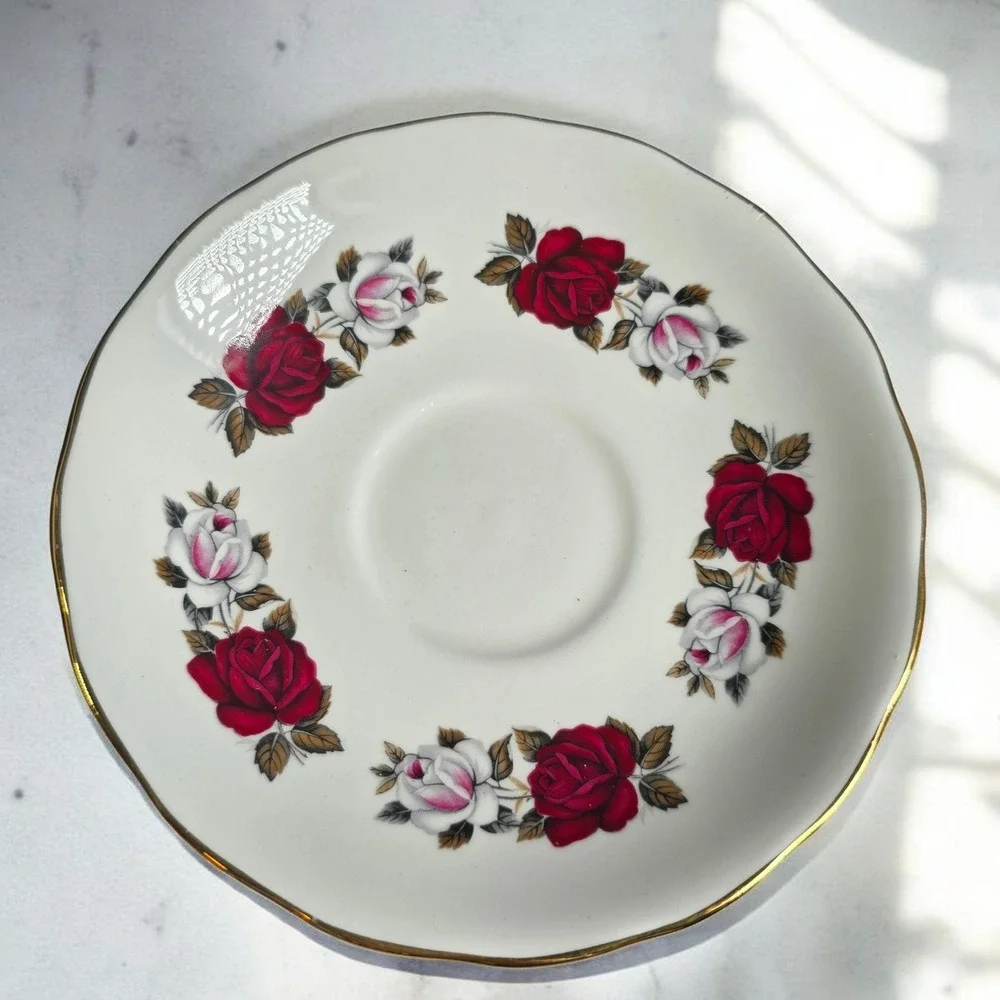 Royal Vale Bone China Tea Trio Red White Rose‎ Pattern Made in England Vintage